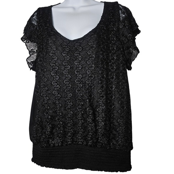 Ultra Teez Tops - Ultra Teeze Black Lace Overlay Smocked Hem Flutter Sleeve‎ Top 2X Whimsygoth